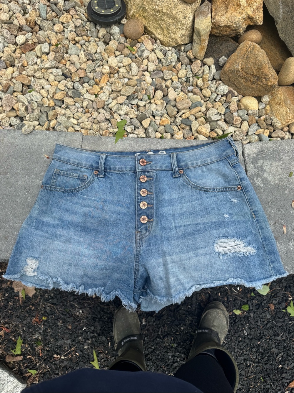 Button-Front High-Rise Distressed Women's Jean Shorts - Light Blue